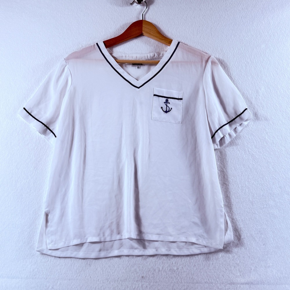Vtg Campus Casuals Top Womens Medium White Navy Anchor Nautical Coastal Preppy
